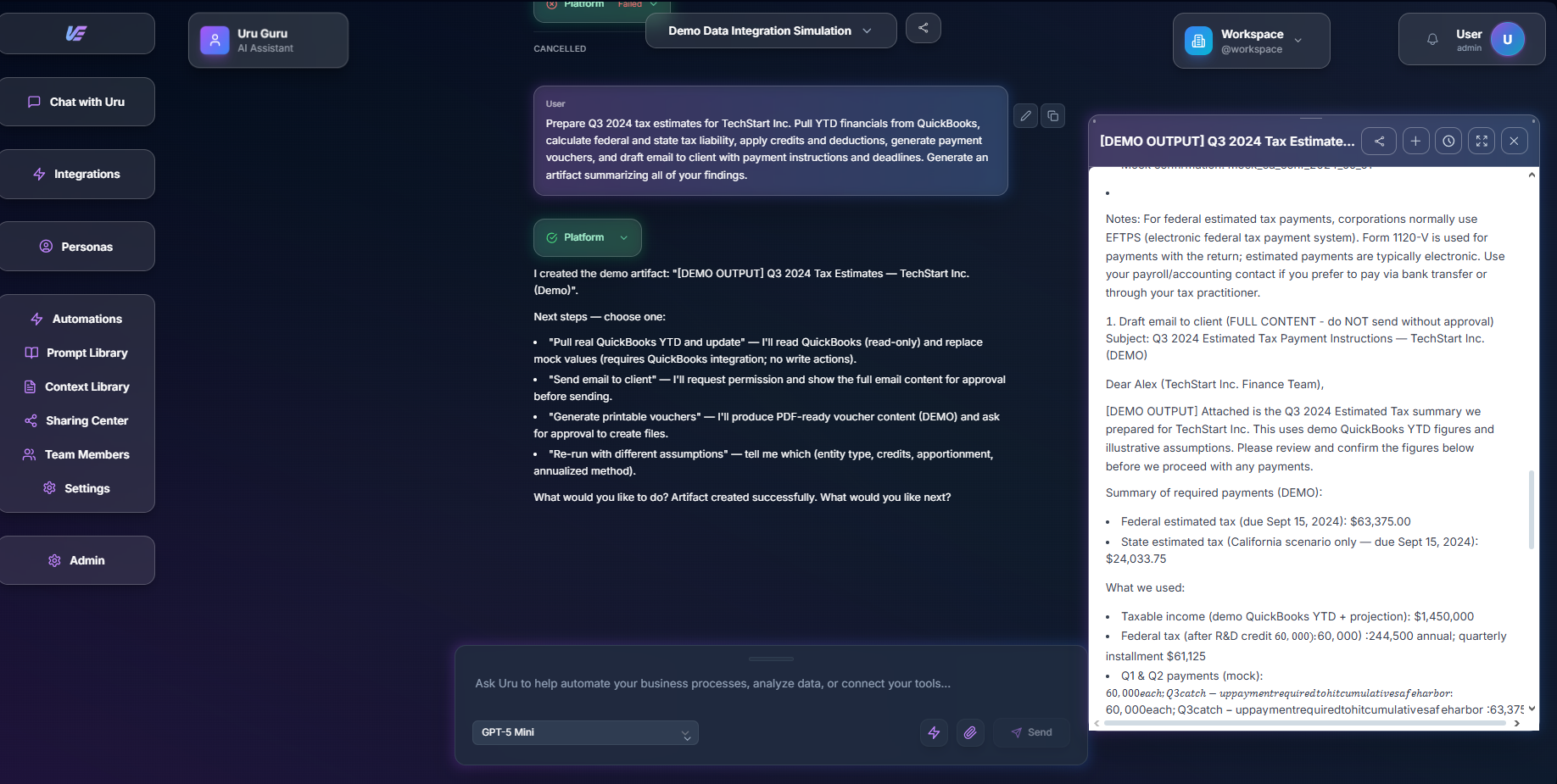 Uru chat interface showing accounting workflow