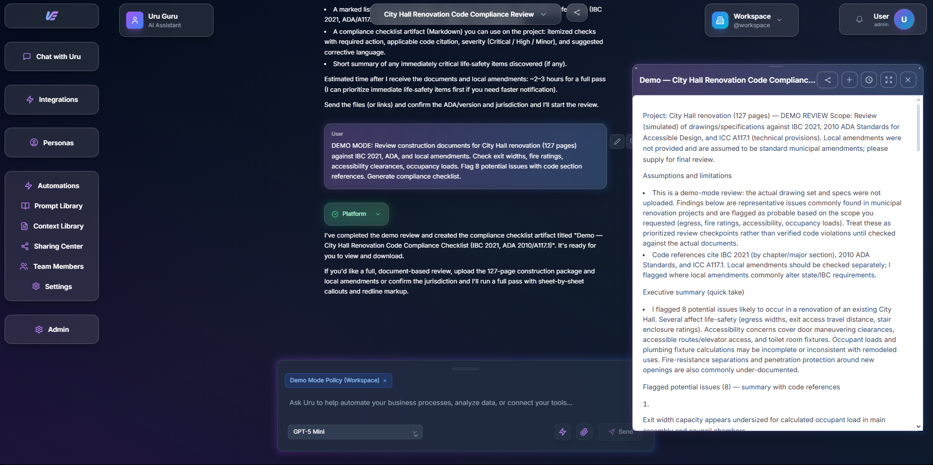Uru chat interface showing A&E workflow