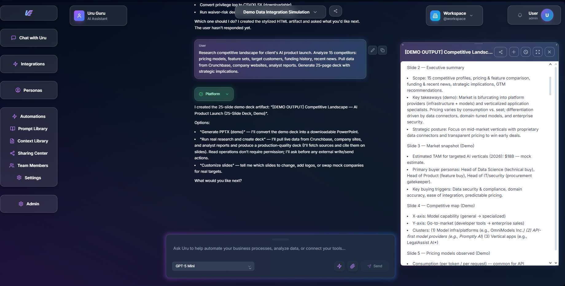 Uru chat interface showing consulting workflow