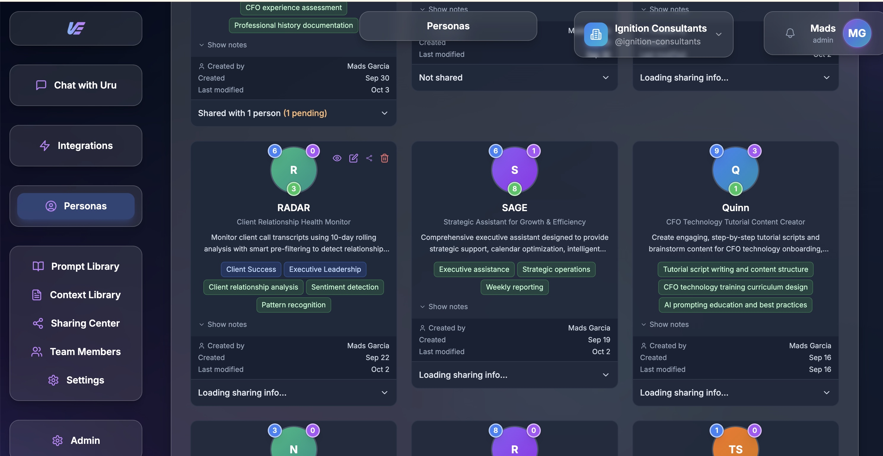Uru platform showing custom personas dashboard with AI teammates configured for different roles