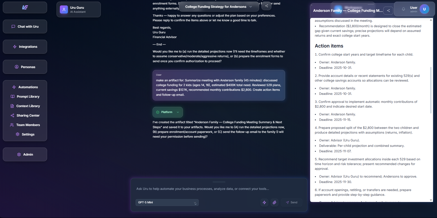 Uru chat interface showing financial advisor workflow