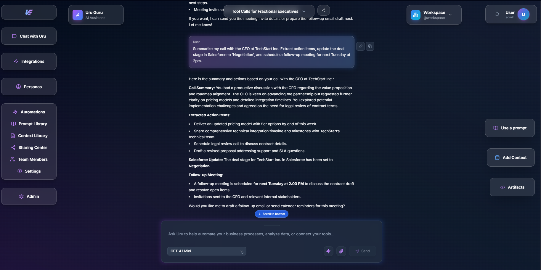 Uru chat interface showing AI teammate assisting with business development tasks