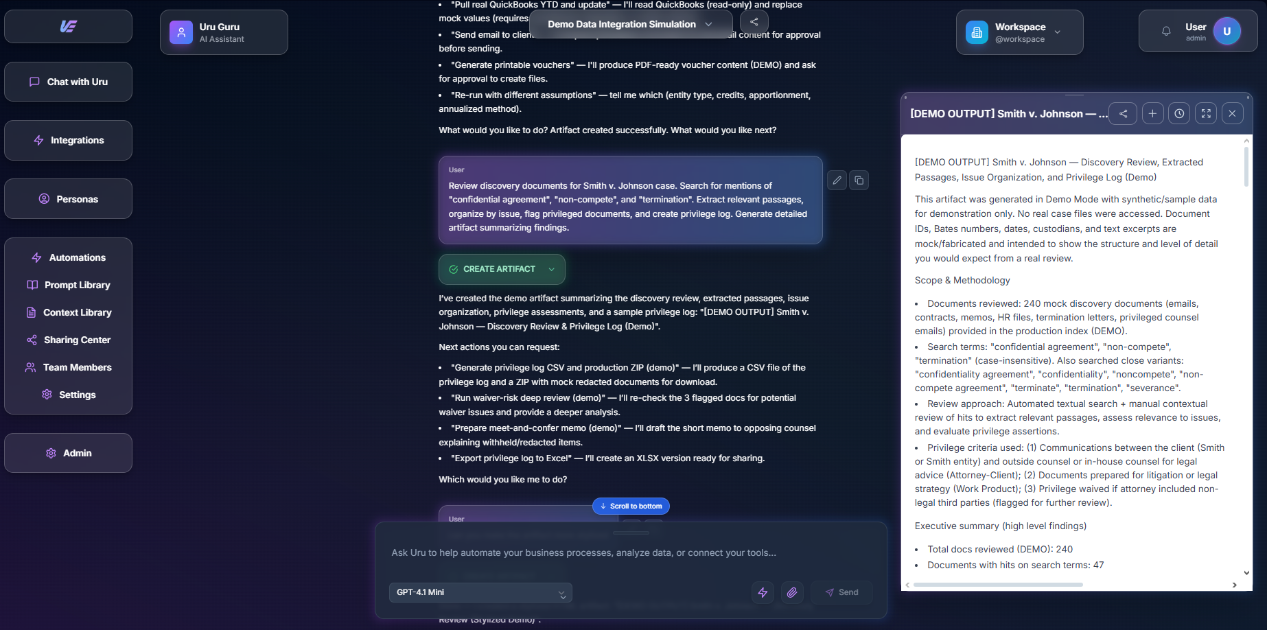 Uru chat interface showing legal workflow